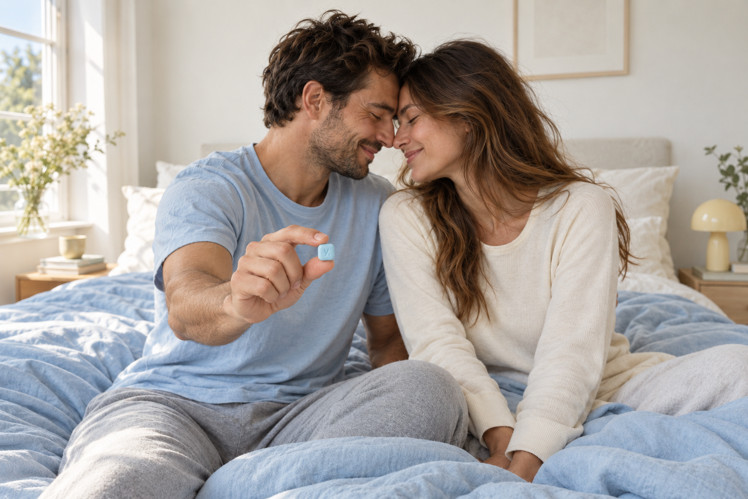 Illustrative photograph of a relaxed adult couple with foreheads together on a blue bed, presenting a small yoomgo tablet