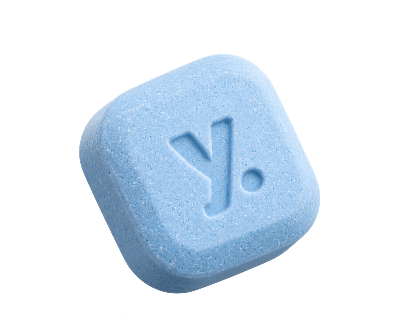 Rounded baby-blue chewable tablet design with an embossed y