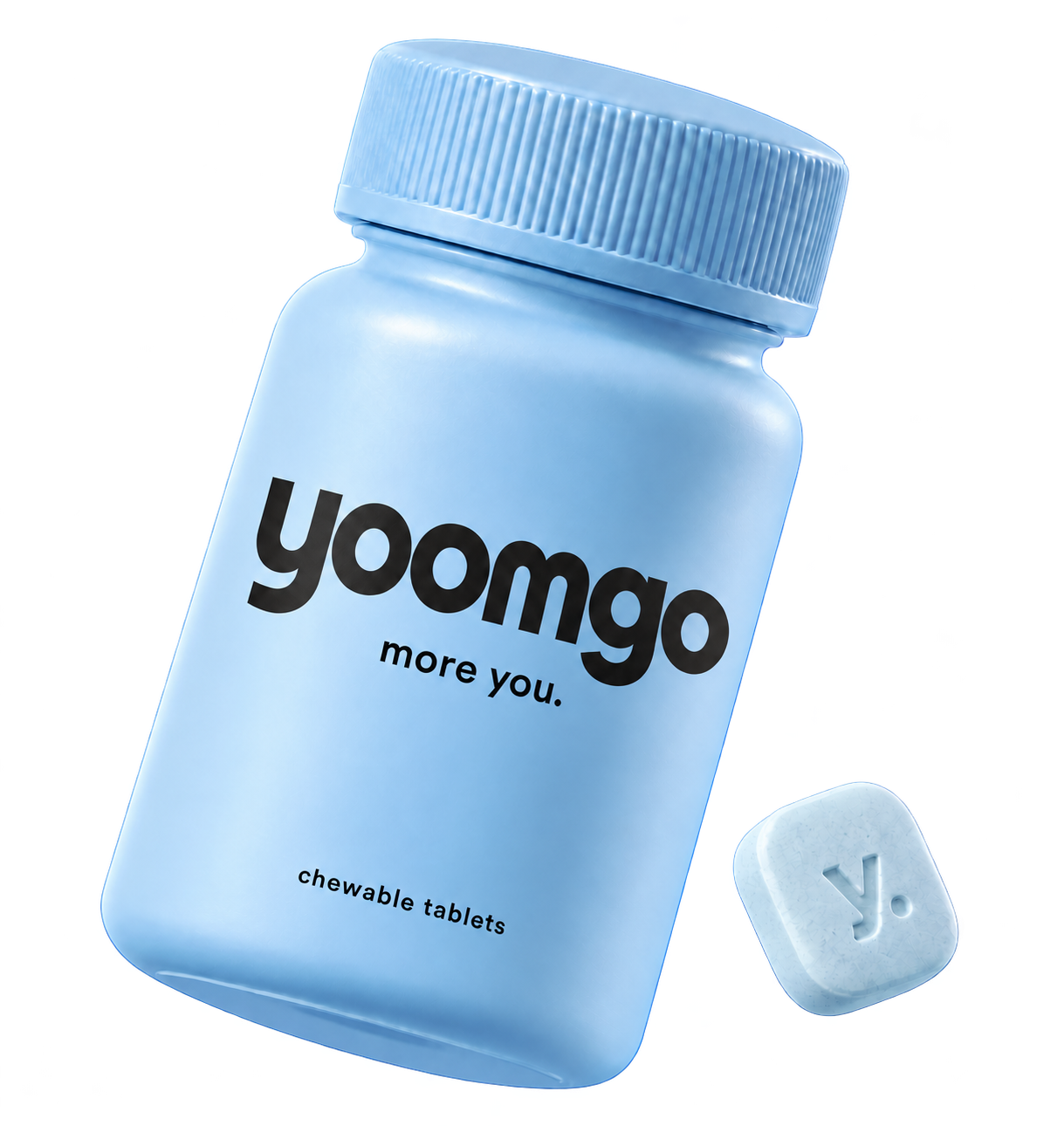 yoomgo baby-blue bottle and chewable tablet with an embossed y, packaging concept